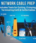 Worksite Ready VDV Installation Tool Kit For Cat5, Cat5e, And Cat6 Cabling with crimping and stripping tools on display.