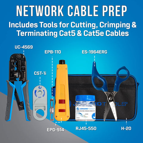 Worksite Ready VDV Installation Tool Kit For Cat5, Cat5e, And Cat6 Cabling with crimping and stripping tools on display.