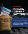 QuikClot Advanced Clotting Gauze packet in a tan outdoor first-aid pouch labeled Adventure Medical Kits.