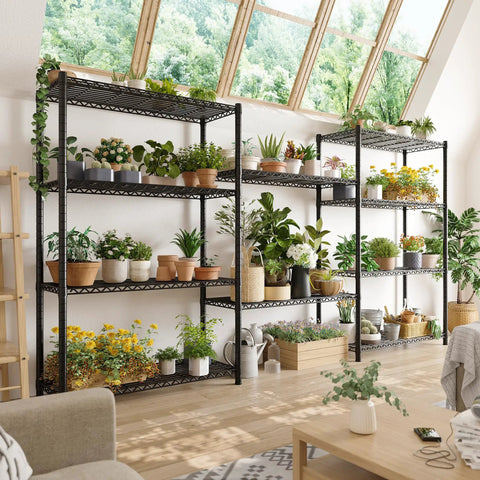 72 Inch Beefy Heavy Duty Metal Shelving Unit With 5 Tier Storage For Kitchen Pantry And Garage Maximum 1100 Lb Capacity Total 220 Lb Per Shelf Space Saving Wire Shelves Easy Assembly Durable Design filled with potted plants