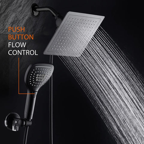 Ultra Luxury 9 Inch Rainfall Shower Head And Handheld Combo With Push Button Flow Control For One Handed Operation In Matte Black
