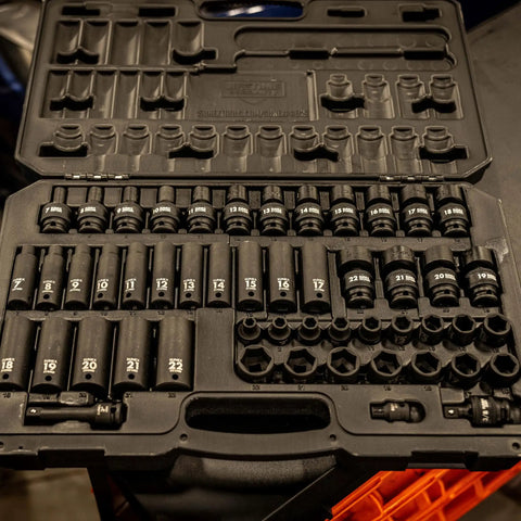 Three Eighth Inch Drive Impact Socket Set, Beefy 51 Piece Metric And SAE Master Kit With Standard Deep And Universal Sockets, 7mm To 22mm, Radius Corner Design, Cr Mo Alloy Steel, Heavy Duty Case, ANSI Certified, in open case display.