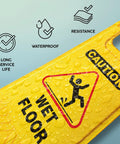 Bright Caution Wet Floor Sign 24 Inch Folding A Frame Double Sided 4 Pack Portable Safety Sign For Busy Walkways High Visibility Yellow Indoor Use Ideal For Commercial Kitchens Hospitals Warehouses And Schools waterproof yellow sign close-up