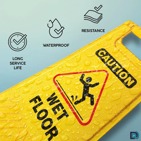 Bright Caution Wet Floor Sign 24 Inch Folding A Frame Double Sided 4 Pack Portable Safety Sign For Busy Walkways High Visibility Yellow Indoor Use Ideal For Commercial Kitchens Hospitals Warehouses And Schools waterproof yellow sign close-up