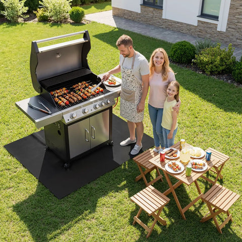 Family grilling on patio with Under Grill Mat For Outdoor Grills Large 60 By 40 Inches Double Sided Fireproof Pad visible under grill.