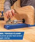 Person using K4 Plus Pocket Hole Jig With Drilling Guide And Dust Collection for wood joinery on tabletop.