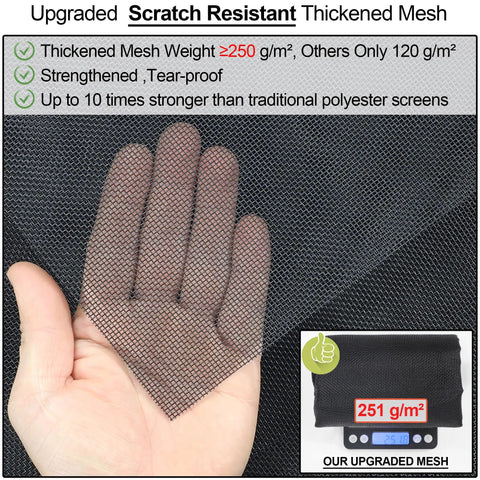 Hand touching upgraded scratch-resistant thickened mesh with 250g/m² weight for Upgraded Magnetic Screen Door With Thick 250G/M2 Reinforced Mesh And 36 Heavy Magnets For Single Doors Retractable Mosquito Net Fits Doors To 38x82 Inches Black.