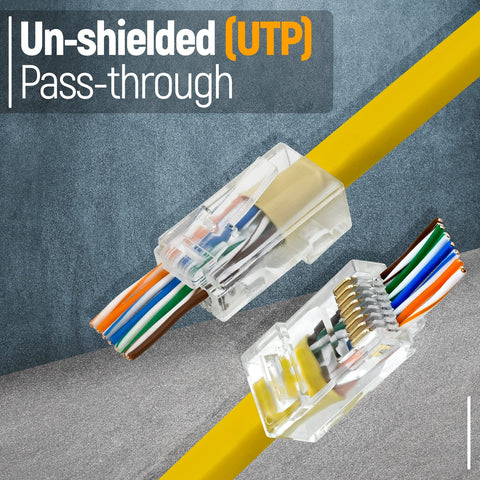 Cat6 RJ45 Pass Through Ethernet Connectors 200 Pack for Solid or Stranded UTP Cable, Easy Wire Alignment, Clear Housing