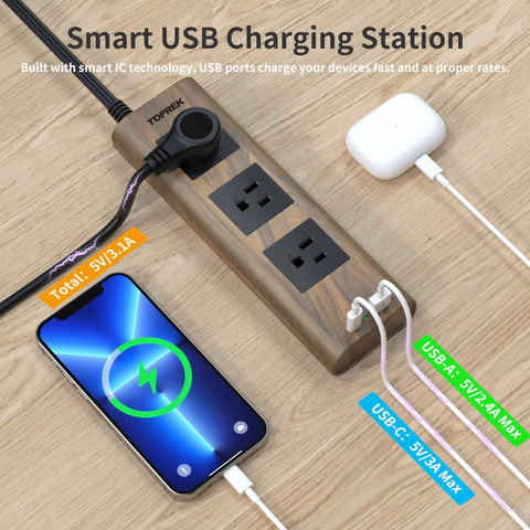Power Strip Surge Protector With USB-C And USB-A, 1800J Surge Protection, 10 Ft Flat Extension Cord, Ultra Thin Flat Plug, Three Widely Spaced Outlets, Wood Finish USB Charging Station For Home Office Dorm on desk charging devices