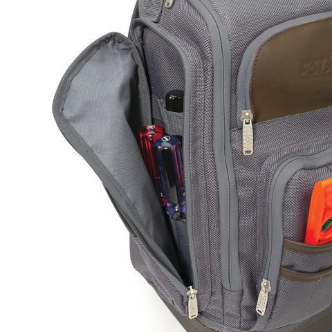 20 Inch Hard Bottom Tool Backpack Built Tough With Durable 1800D Polyester And Top Grain Leather, tool pockets visible