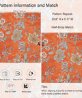 Peel And Stick Orange Floral Wallpaper Roll 21x160 Inches For Bedroom And Living Room Self Adhesive Non Woven Thick Fabric Covers 23.33 Sq Ft Easy Apply Vintage Floral Decor For Girls Room, pattern information and match guide