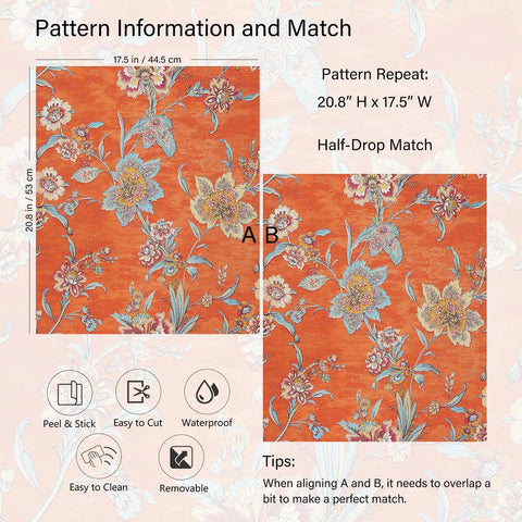 Peel And Stick Orange Floral Wallpaper Roll 21x160 Inches For Bedroom And Living Room Self Adhesive Non Woven Thick Fabric Covers 23.33 Sq Ft Easy Apply Vintage Floral Decor For Girls Room, pattern information and match guide