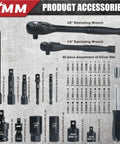 Impact Socket Set 123 Piece With 1/4 And 3/8 Inch Drives showing ratcheting wrenches and assortment of driver bits