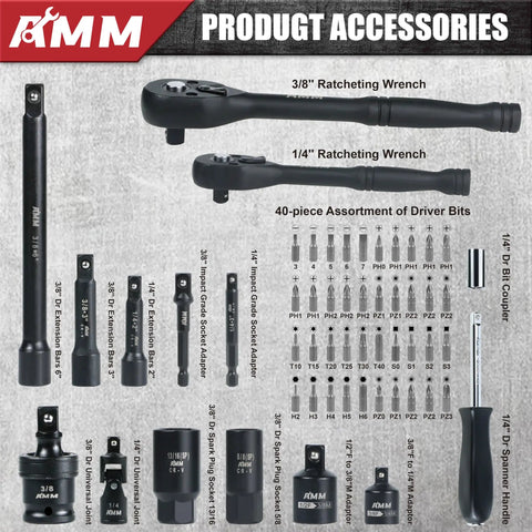 Impact Socket Set 123 Piece With 1/4 And 3/8 Inch Drives showing ratcheting wrenches and assortment of driver bits