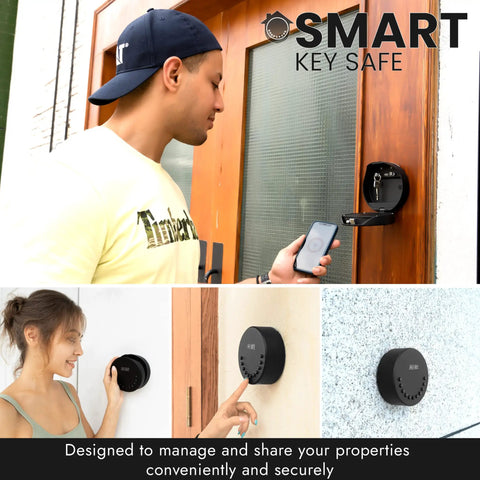 Smart Box Series Wall Mounted Electronic Combination Lock Box Weather Resistant Metal Safe shown with users unlocking via smartphone.