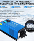 Heavy Duty 3000W Pure Sine Wave Inverter Charger For Off Grid Power 12V To 120V AC 9000W Surge LCD Display and features