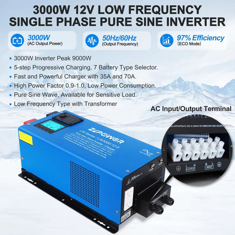 Heavy Duty 3000W Pure Sine Wave Inverter Charger For Off Grid Power 12V To 120V AC 9000W Surge LCD Display and features
