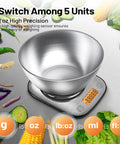 Digital Kitchen Scale With Stainless Steel Bowl IPX6 Waterproof 11 Lb Capacity Precise 0.01 Oz 0.1 g Readings Five Unit Modes