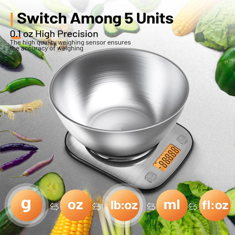 Digital Kitchen Scale With Stainless Steel Bowl IPX6 Waterproof 11 Lb Capacity Precise 0.01 Oz 0.1 g Readings Five Unit Modes