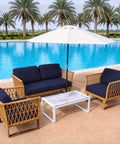 8 Piece Patio Cushion Covers Set For Outdoor Cushions That Stretch To Fit 20 To 27 Inch Cushions Durable Soft Polyester Spandex Material Washable And Reusable Furniture Protectors Navy Blue on wicker seating by pool.