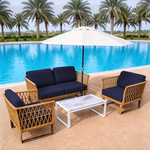 8 Piece Patio Cushion Covers Set For Outdoor Cushions That Stretch To Fit 20 To 27 Inch Cushions Durable Soft Polyester Spandex Material Washable And Reusable Furniture Protectors Navy Blue on wicker seating by pool.