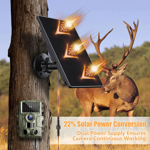 Rugged Trail Camera Solar Panel And 6W Solar Charger Kit attached to tree powering trail camera with deer visible in background