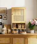 Rattan Bamboo Over The Toilet Wall Cabinet With Adjustable Inside Shelf And Open Lower Shelf Space Saver For Bathroom Kitchen Hallway Living Room Totally Great For Small Spaces And Daily Use shown installed in kitchen.
