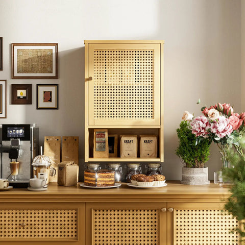 Rattan Bamboo Over The Toilet Wall Cabinet With Adjustable Inside Shelf And Open Lower Shelf Space Saver For Bathroom Kitchen Hallway Living Room Totally Great For Small Spaces And Daily Use shown installed in kitchen.