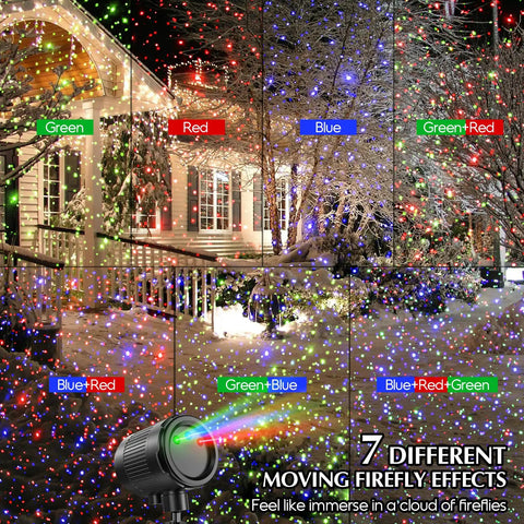 Outdoor scene with Galaxy Star Projector 5 In 1 displaying 7 firefly effects on snow-covered house and trees.