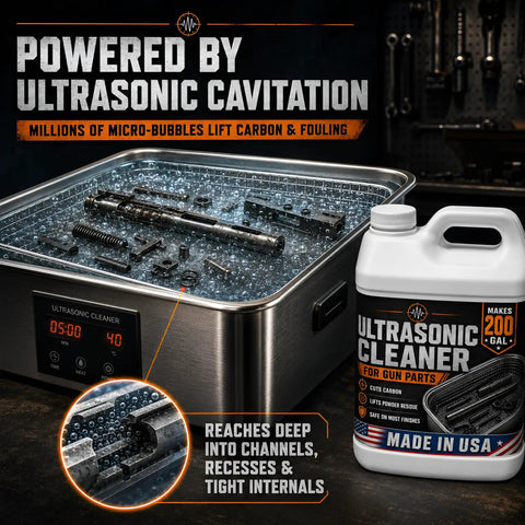 Pro Grade Ultrasonic Gun Cleaner Solution That Hits Different On Stubborn Carbon And Gun Oil With Zero Hard Scrubbing One Concentrated Gallon Mixes Straight Into Two Hundred Ready To Shoot Parts Usa Made in ultrasonic cleaner with bubbling action.
