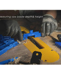 Upgrade 7 Piece Aluminum Router Table Setup Bar Kit in use for measuring saw blade depth and height on a woodworking table.