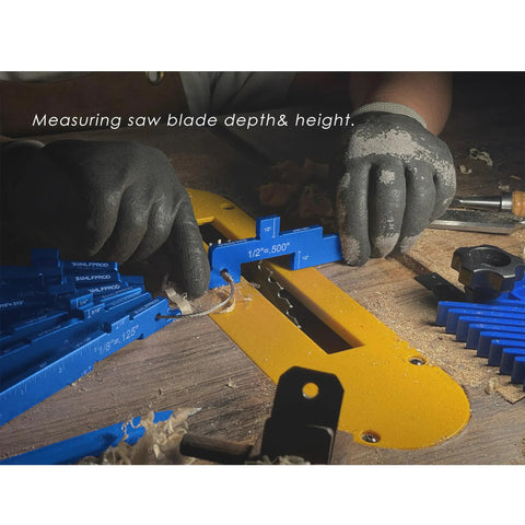 Upgrade 7 Piece Aluminum Router Table Setup Bar Kit in use for measuring saw blade depth and height on a woodworking table.
