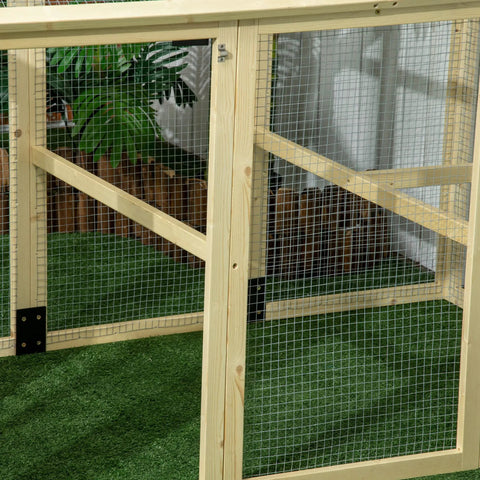 Close-up of the metal wire and wood frame of a large wooden chicken coop with run, ideal for outdoor backyard farm, 4.6 by 2.8 feet.