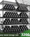 Beefed Up Heavy Duty Storage Shelves With Adjustable Height, 3200 Lb Capacity, 55.5 Inch Wide By 18 Inch Deep By 71 Inch High Industrial Shelving For Garage, Warehouse, Kitchen And Office, Maximizes Vertical Space And Cuts Storage Costs. black metal dumbbell storage rack