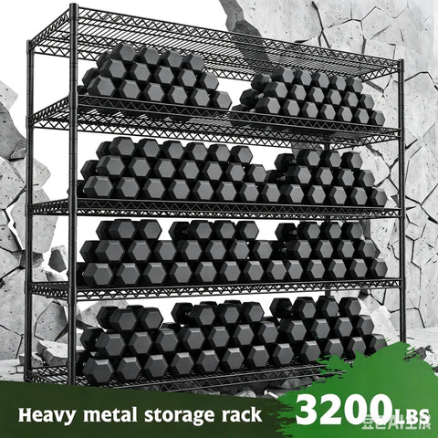 Beefed Up Heavy Duty Storage Shelves With Adjustable Height, 3200 Lb Capacity, 55.5 Inch Wide By 18 Inch Deep By 71 Inch High Industrial Shelving For Garage, Warehouse, Kitchen And Office, Maximizes Vertical Space And Cuts Storage Costs. black metal dumbbell storage rack