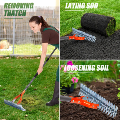 15 Inch Thatch Rake For Lawns Heavy Duty Dethatching Rake With Steel Handle Easy To Use Lawn Tool Removing Thatch and Debris
