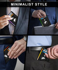 Ultra Slim Front Pocket AirTag Wallet With RFID Blocking Card Holder And AirTag Slot in use by men in various settings.