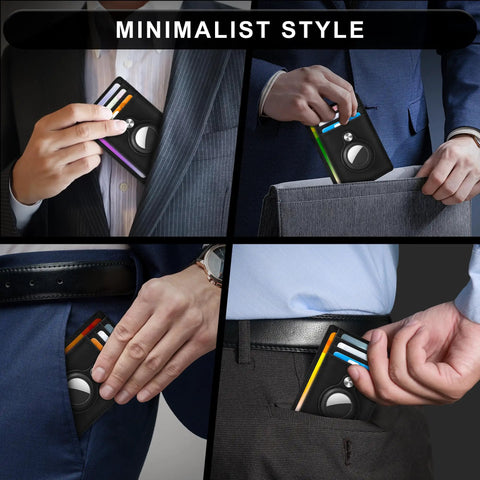 Ultra Slim Front Pocket AirTag Wallet With RFID Blocking Card Holder And AirTag Slot in use by men in various settings.