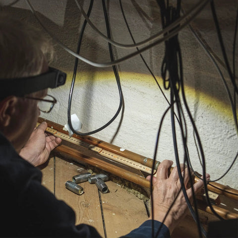 Rechargeable COB LED Headlamp With Panoramic Beam Touchless On Off Sensor 400 Lumens in use during electrical work