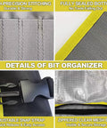 Details of Drill Bit Organizer Roll Up Case With Zipper Heavy Duty Bit Holder Pouch showing stitching, snap, and mesh bag.