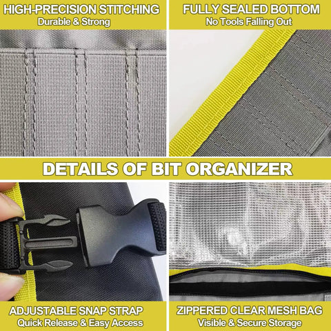 Details of Drill Bit Organizer Roll Up Case With Zipper Heavy Duty Bit Holder Pouch showing stitching, snap, and mesh bag.