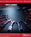 11-Piece SAE Ratchet Wrench Set With 120-Tooth Precision Gear displayed in a circular layout, showcasing sizes 8mm to 19mm.