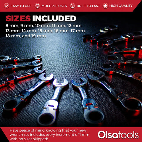 11-Piece SAE Ratchet Wrench Set With 120-Tooth Precision Gear displayed in a circular layout, showcasing sizes 8mm to 19mm.