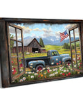 Farmhouse Open Window Barn Scene Wall Art With Vintage Blue Pickup And American Flag Panoramic Rural Landscape Canvas Print 24 By 32 Inches