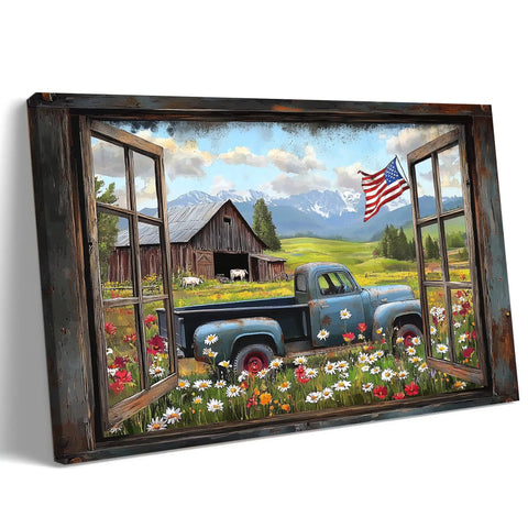 Farmhouse Open Window Barn Scene Wall Art With Vintage Blue Pickup And American Flag Panoramic Rural Landscape Canvas Print 24 By 32 Inches