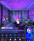 Lit Cosmic Night Sky Projector for Kids and Adults illuminating living room with purple water ripple nebula light, app control visible