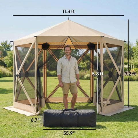 No Tool Setup 10 X 11 Ft Pop Up Gazebo Screen Tent Portable Instant Canopy Sun Shelter With Mesh Netting Carry Bag Ground Stakes