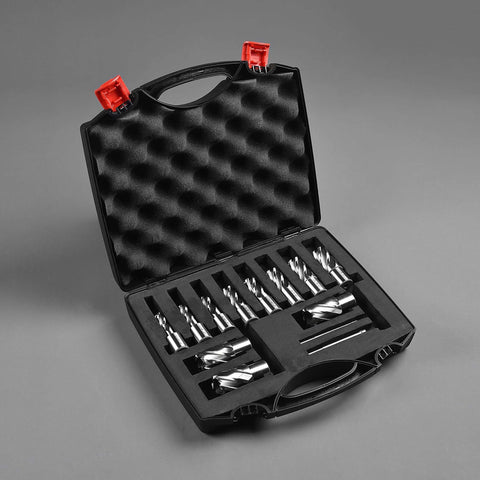 Annular cutter set, 13 pcs, Weldon 3/4 in shank, HSS, diameters 7/16-1-1/16 in, depth 1 in, in case