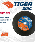 14 Inch Tiger Zirc Rail Cutting Wheel For Steel And Metal Rails, High-Performance Zirconia Alumina, displayed with logo and material use.