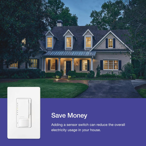 Maestro LED Plus Motion Sensor Dimmer Switch With Wall Plate in white, facilitating energy-saving lighting control for homes at night